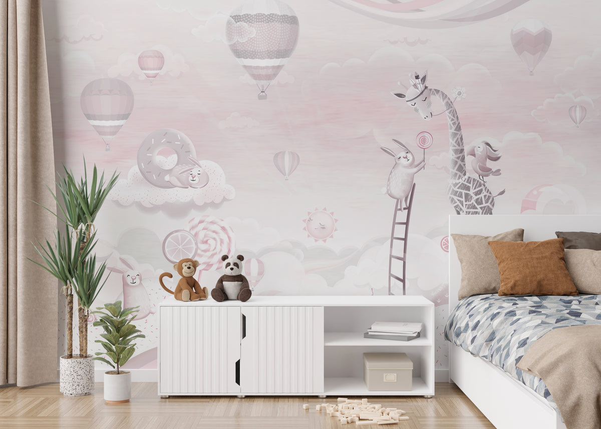 Pink Color Candy World wallpaper mural styled along a hallway feature wall near a console in pink tones