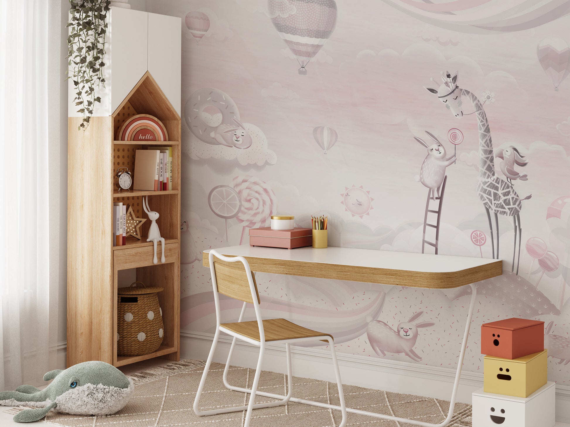 Pink Color Candy World wallpaper mural as a feature wall in a home office workspace in pink tones