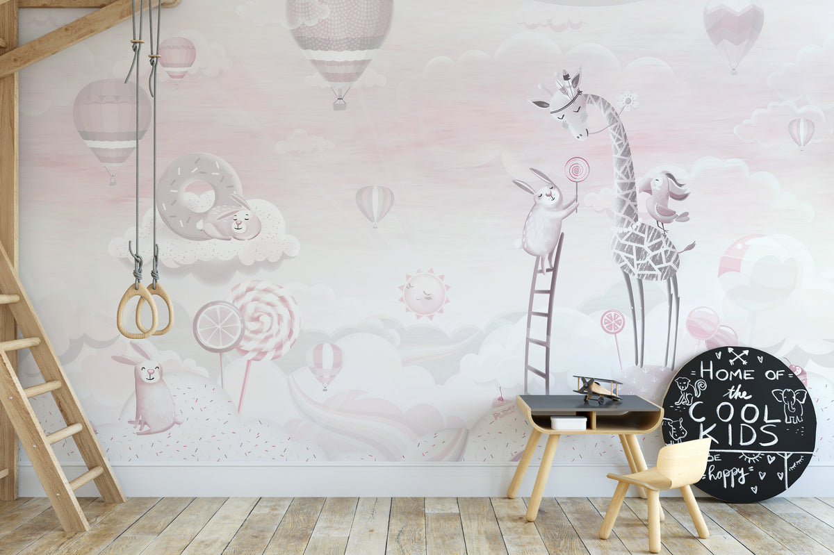 Pink Color Candy World wallpaper mural styled as a feature wall behind a dining table and chairs in pink tones