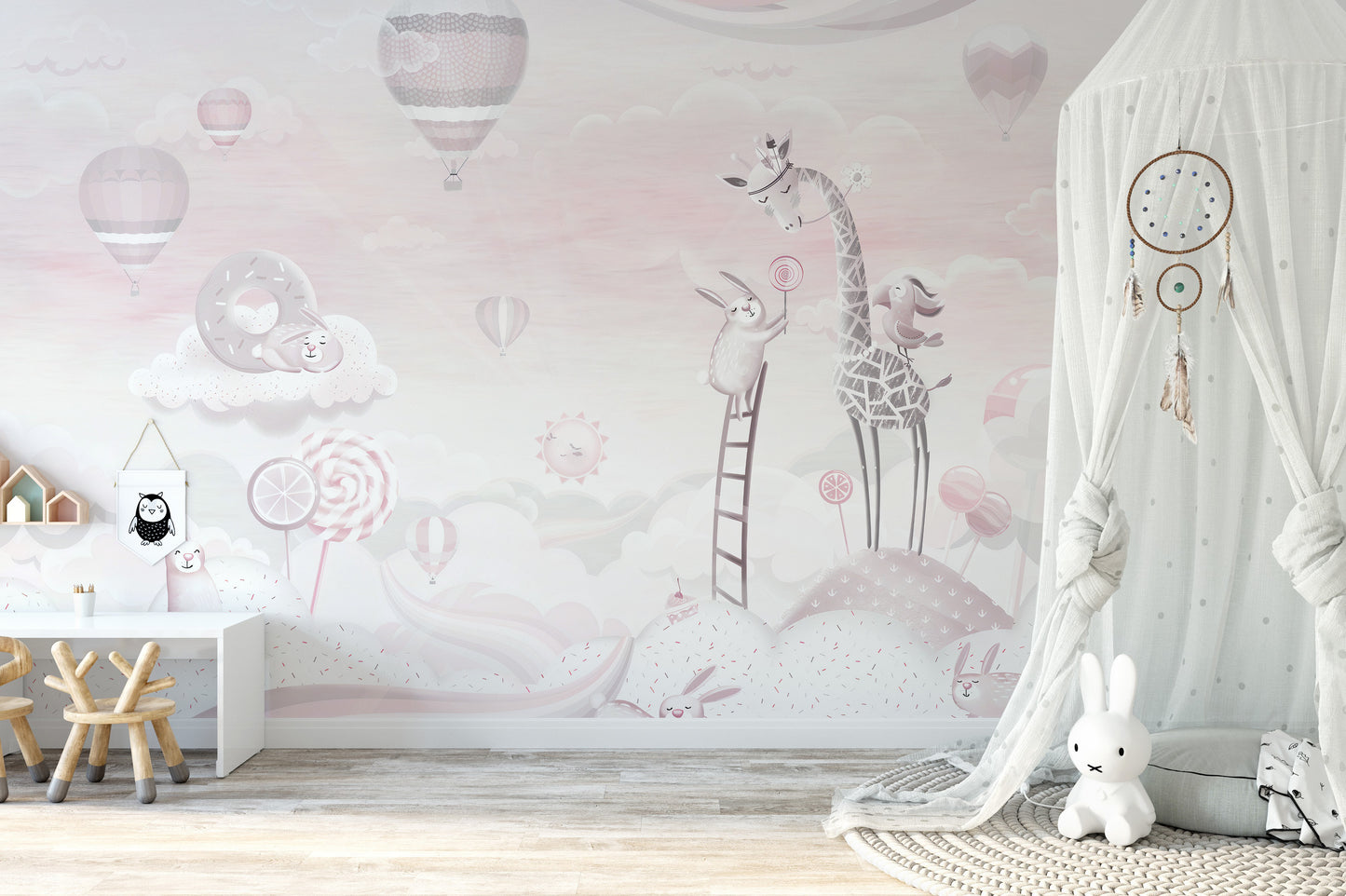 Pink Color Candy World wallpaper mural as a bedroom feature wall behind the headboard in pink tones
