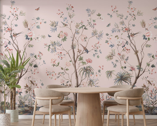 Floral Design Pink Chinoiserie Wallpaper
