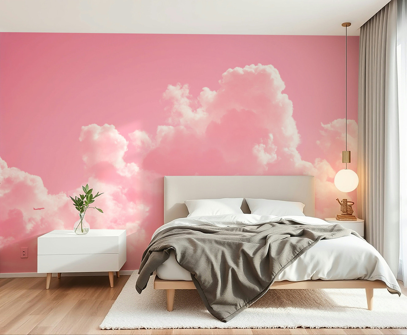 A calming cloud formation wallpaper mural that defines a space.

