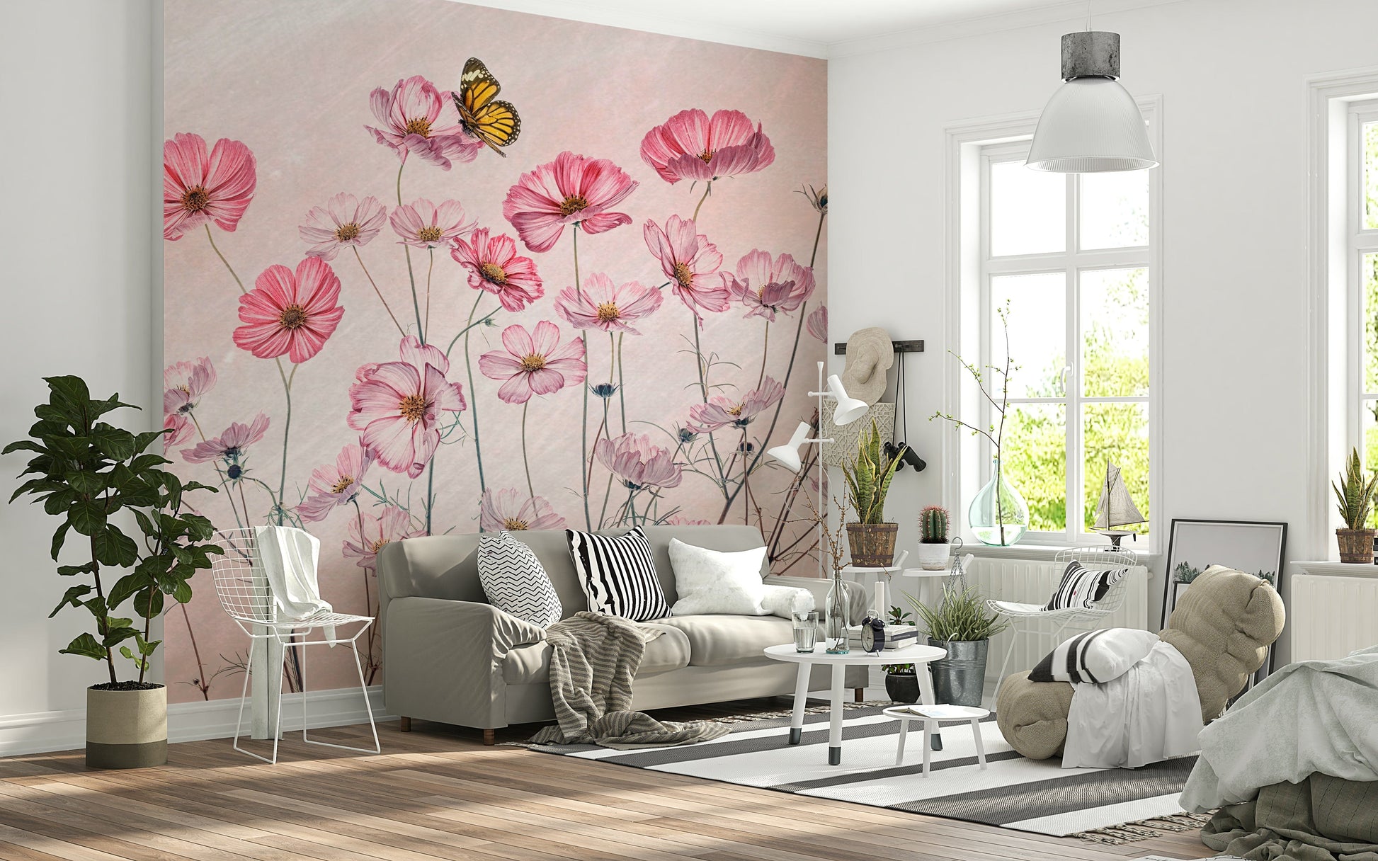 An artistic nebula design mural on minimalist wallpaper.

