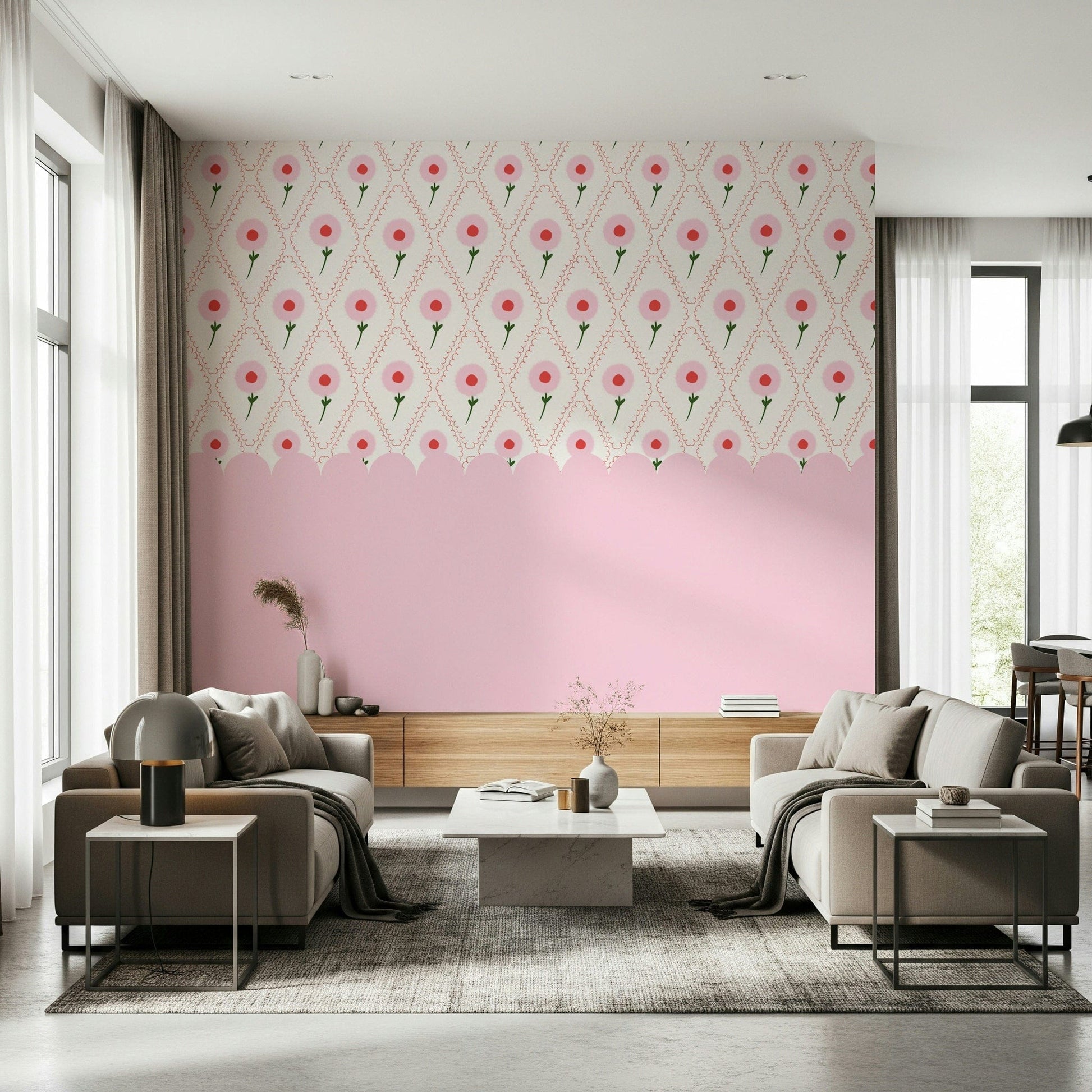 Cottage Rose Mural Wall Mural providing a soft background for a home workspace.
