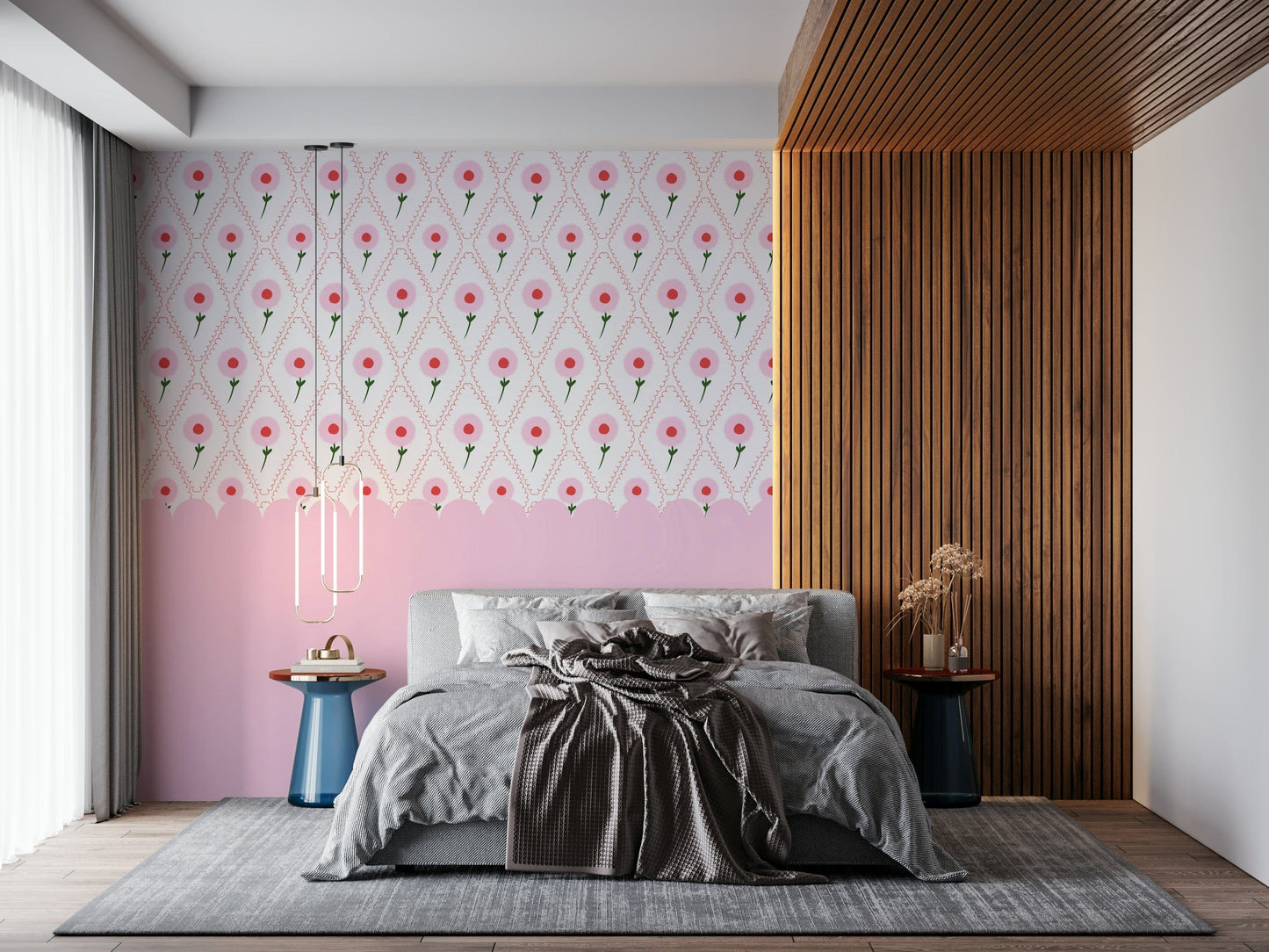 Elegant guest room featuring oversized rose prints in a sunlit space.