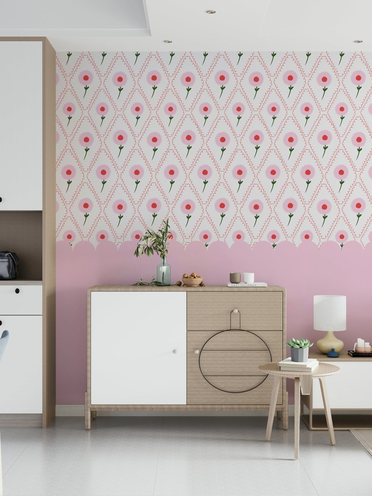 Cottage Rose Mural Wall Mural as a feature wall in a contemporary dining room.