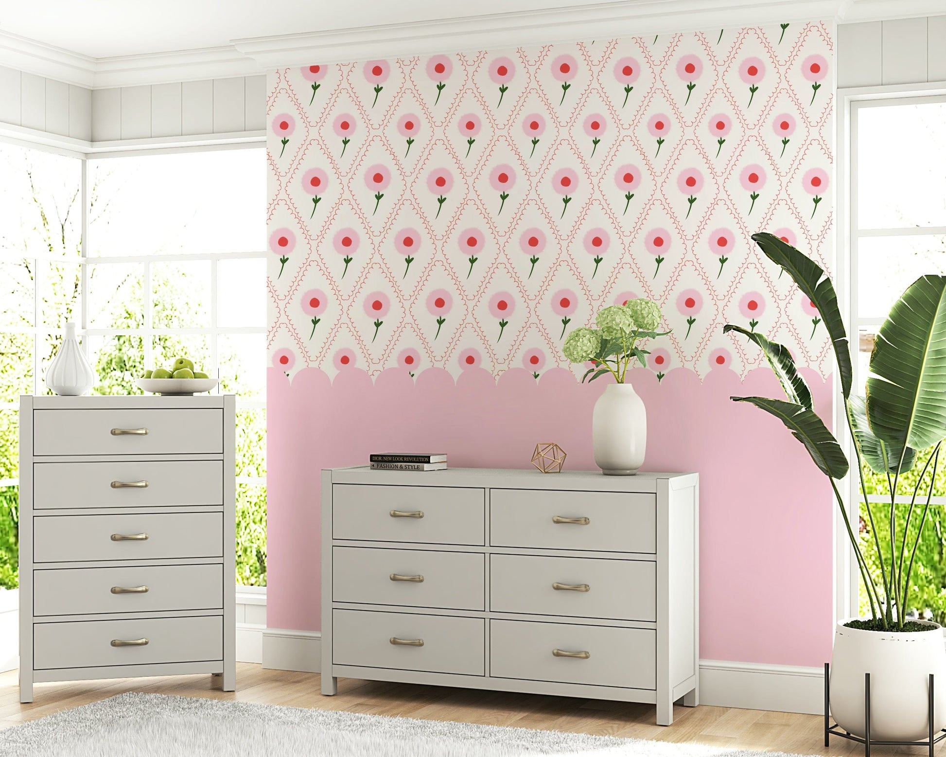 Large scale pink floral mural in an apartment bedroom with neutral decor.
