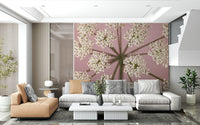 Wildflower Whispers Wall Mural with white blooms on a blush pink background.