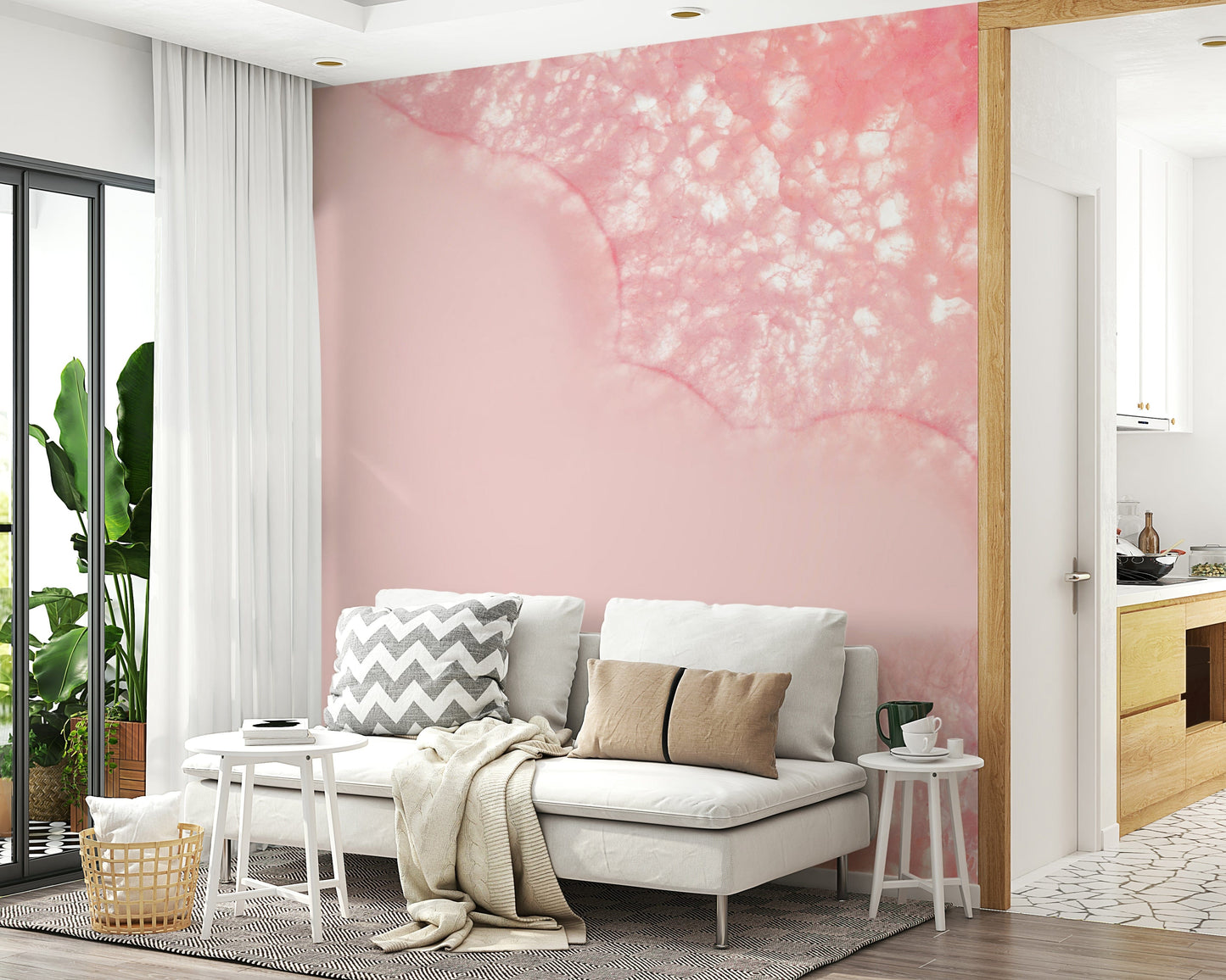 Pastel floral wallpaper with blossom petals and shimmering crystal textures for serene decor.