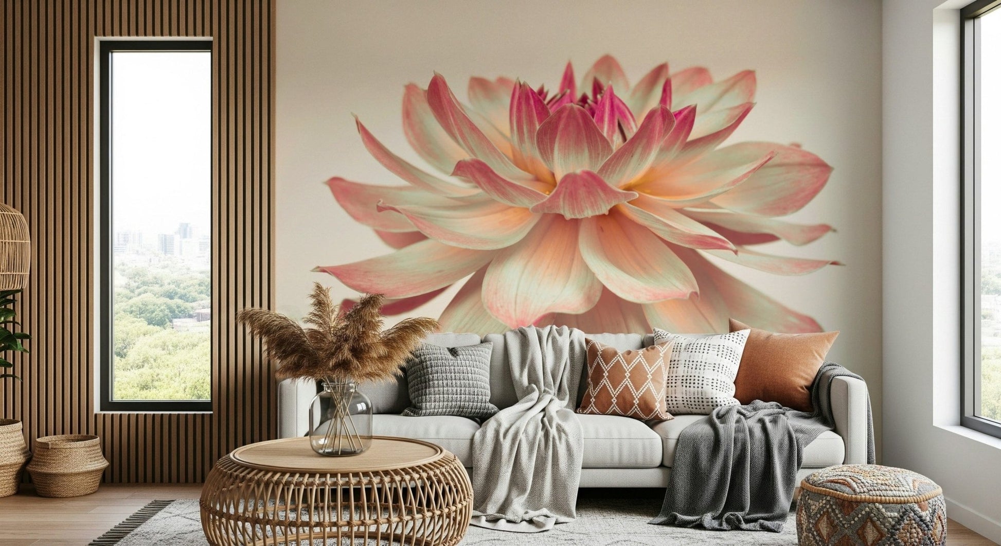 Cream and pink bloom wall mural close-up