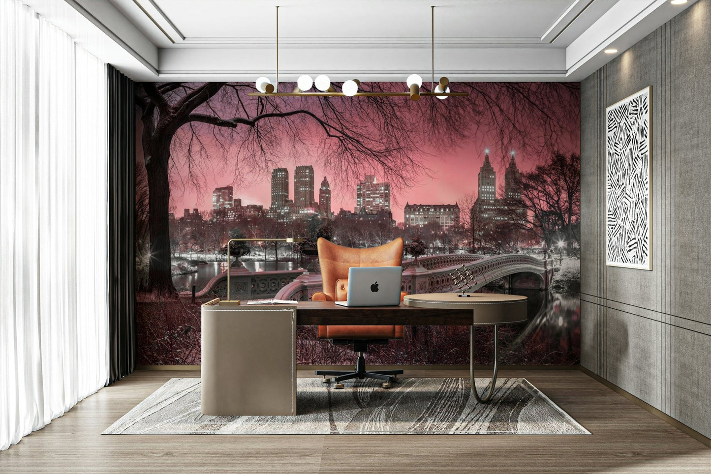 Workspace room with New York park wallpaper.


