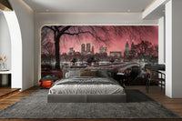 Studio room with pink dusk wallpaper for wall.

