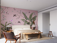 Pink Floral Peel and Stick wallpaper mural styled along a hallway feature wall near a console in pink tones