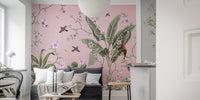 Pink Floral Peel and Stick wallpaper mural as a feature wall in a home office workspace in pink tones