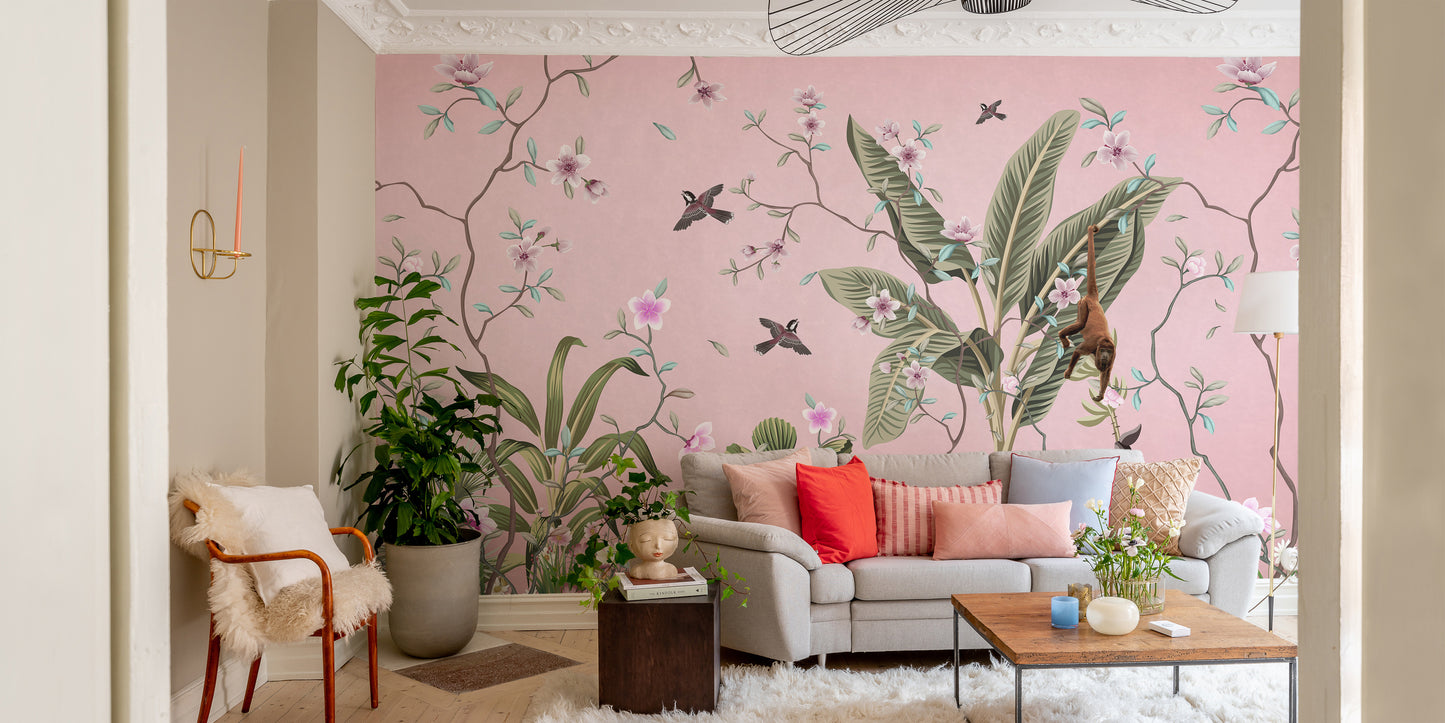 Pink Floral Peel and Stick wallpaper mural styled as a feature wall behind a dining table and chairs in pink tones