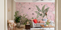 Pink Floral Peel and Stick wallpaper mural styled as a feature wall behind a dining table and chairs in pink tones