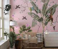 Pink Floral Peel and Stick wallpaper mural as a bedroom feature wall behind the headboard in pink tones