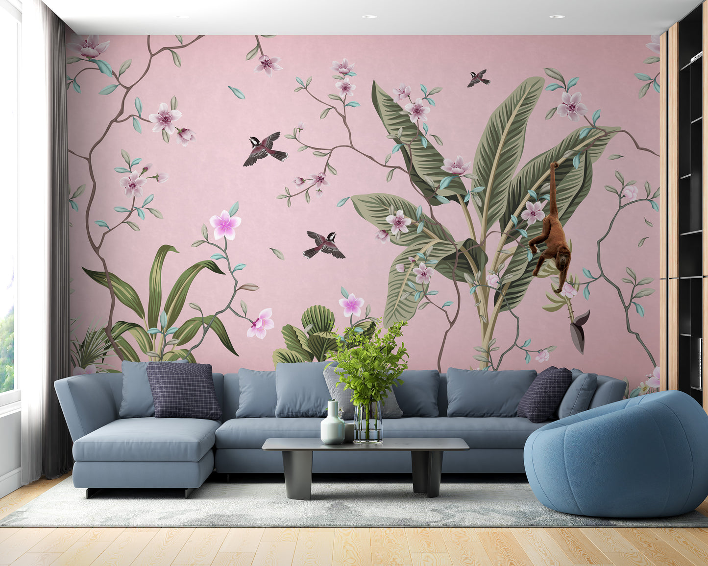 Pink Floral Peel and Stick wallpaper mural shown as a full feature wall that highlights the design