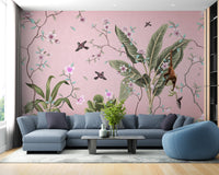 Pink Floral Peel and Stick wallpaper mural shown as a full feature wall that highlights the design