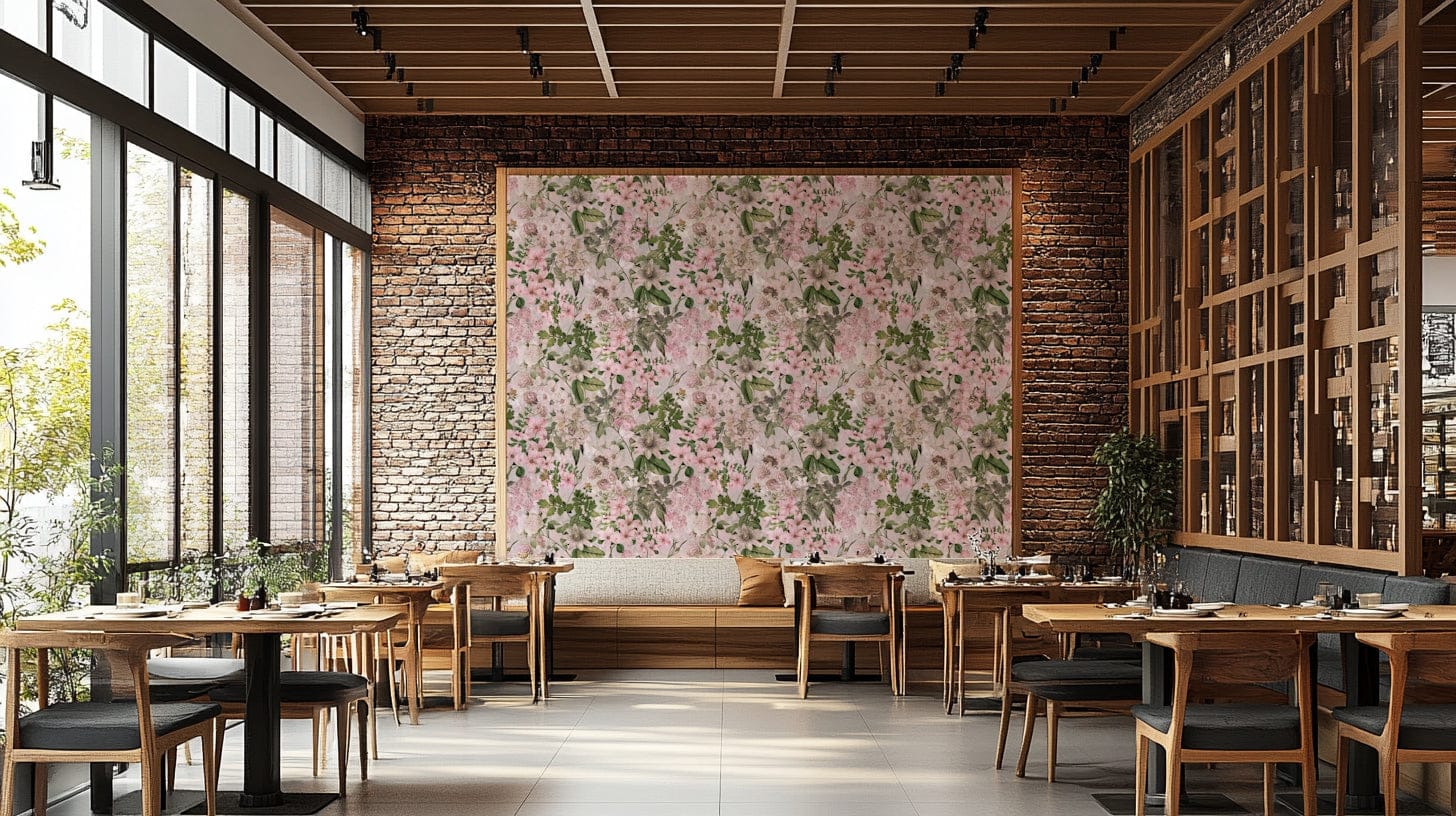 An angled shot of a wall with peaceful wallpaper

