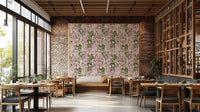 An angled shot of a wall with peaceful wallpaper

