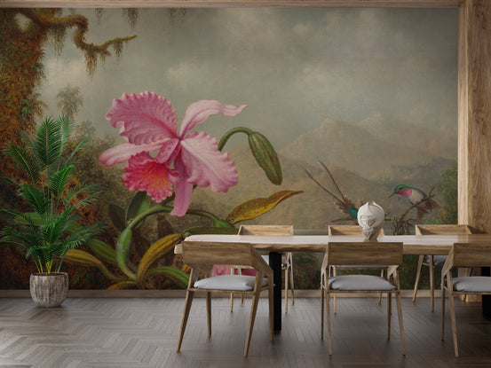 Pink Flower wallpaper mural shown as a full feature wall that highlights the design