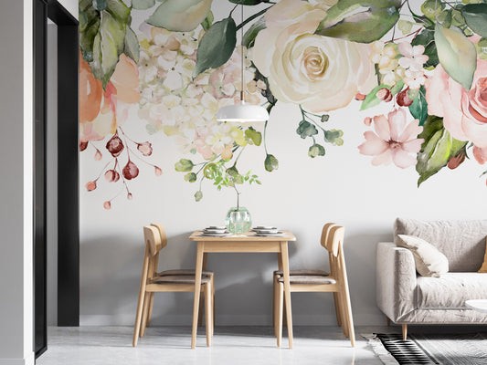 Elegant watercolor pink flowers with lush green leaves.