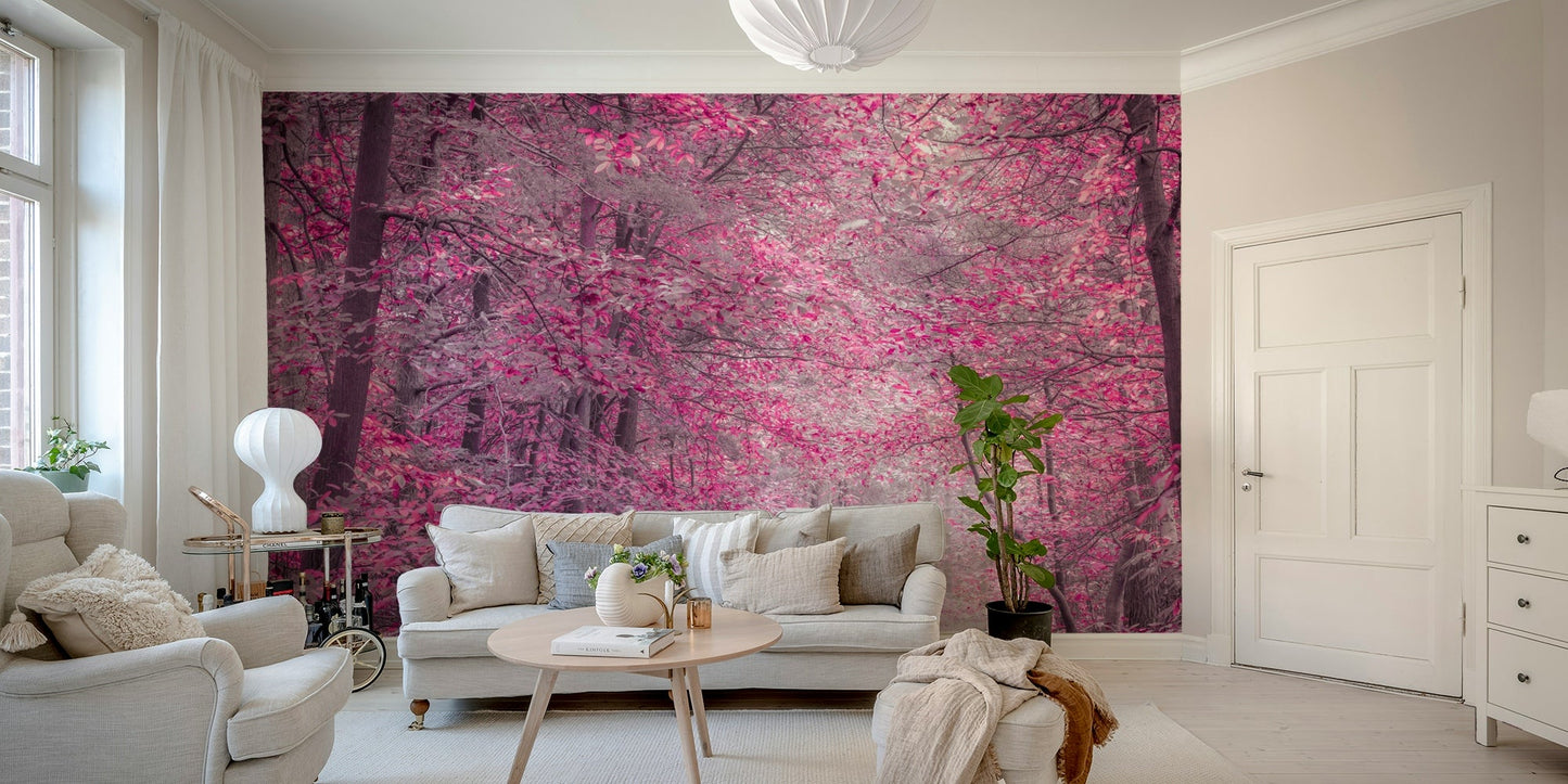 A wall mural depicting a forest path lined with trees and foliage.
