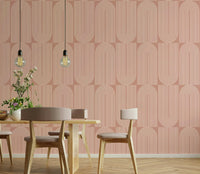 Creamy arch pattern wallpaper with terracotta background.
