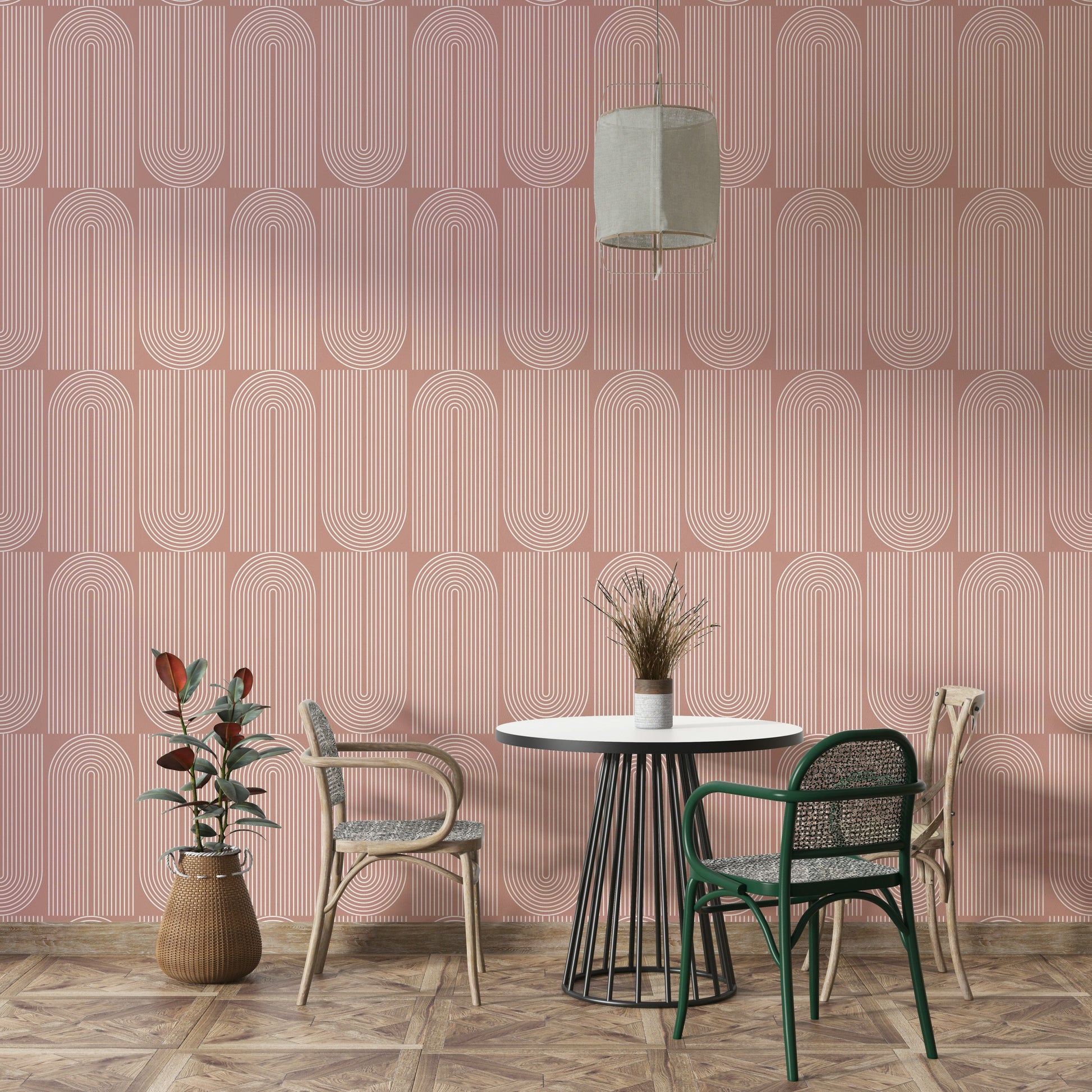 Modern geometric curves on a blush pink wallpaper.
