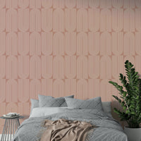 Earthy desert rose paper with striped arch wallpaper.
