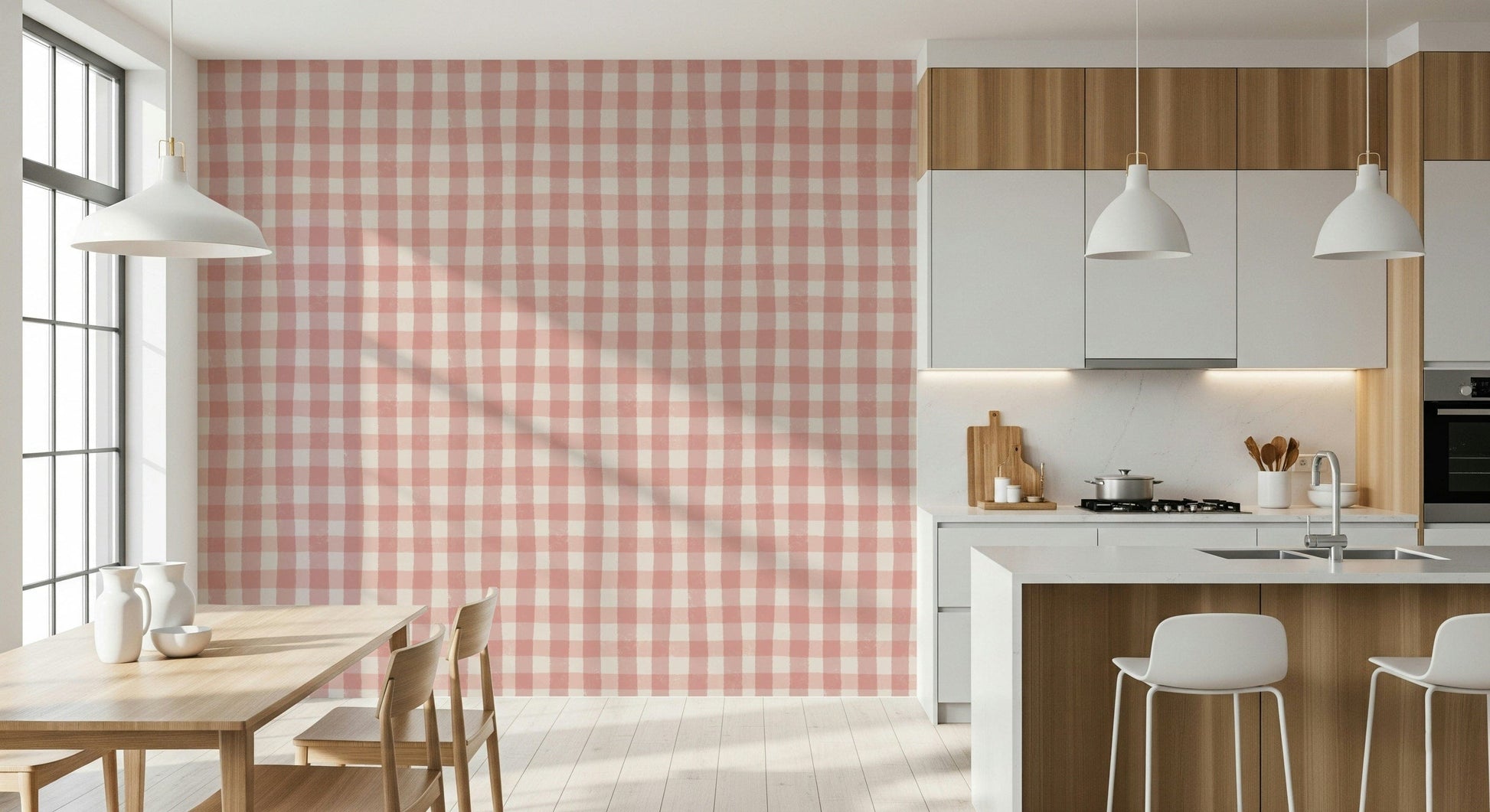 Rosewater Gingham wallpaper mural with a sweet, minimal plaid pattern.