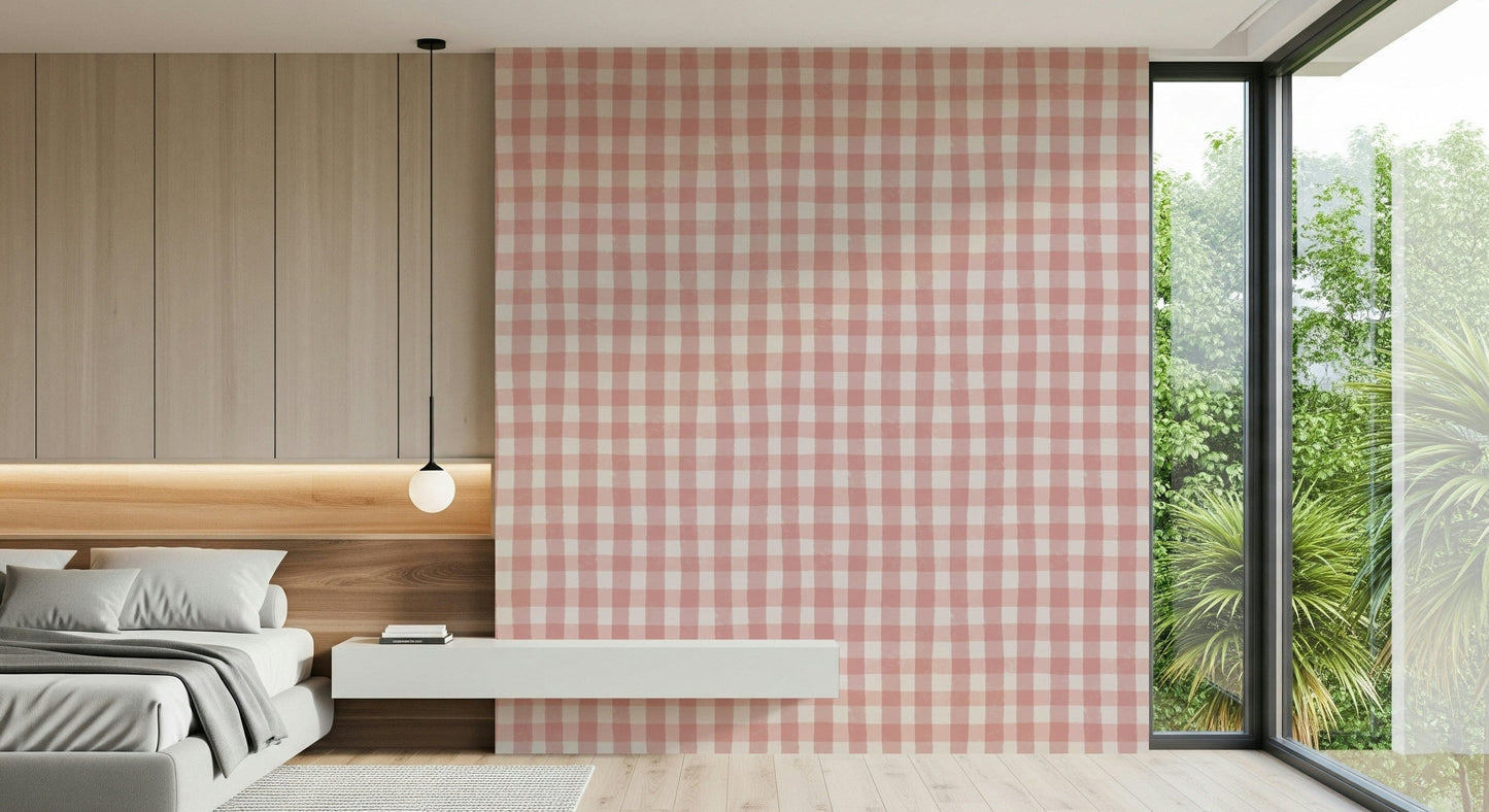 Classic gingham wallpaper featuring gentle rose and white checks in a repeating grid.