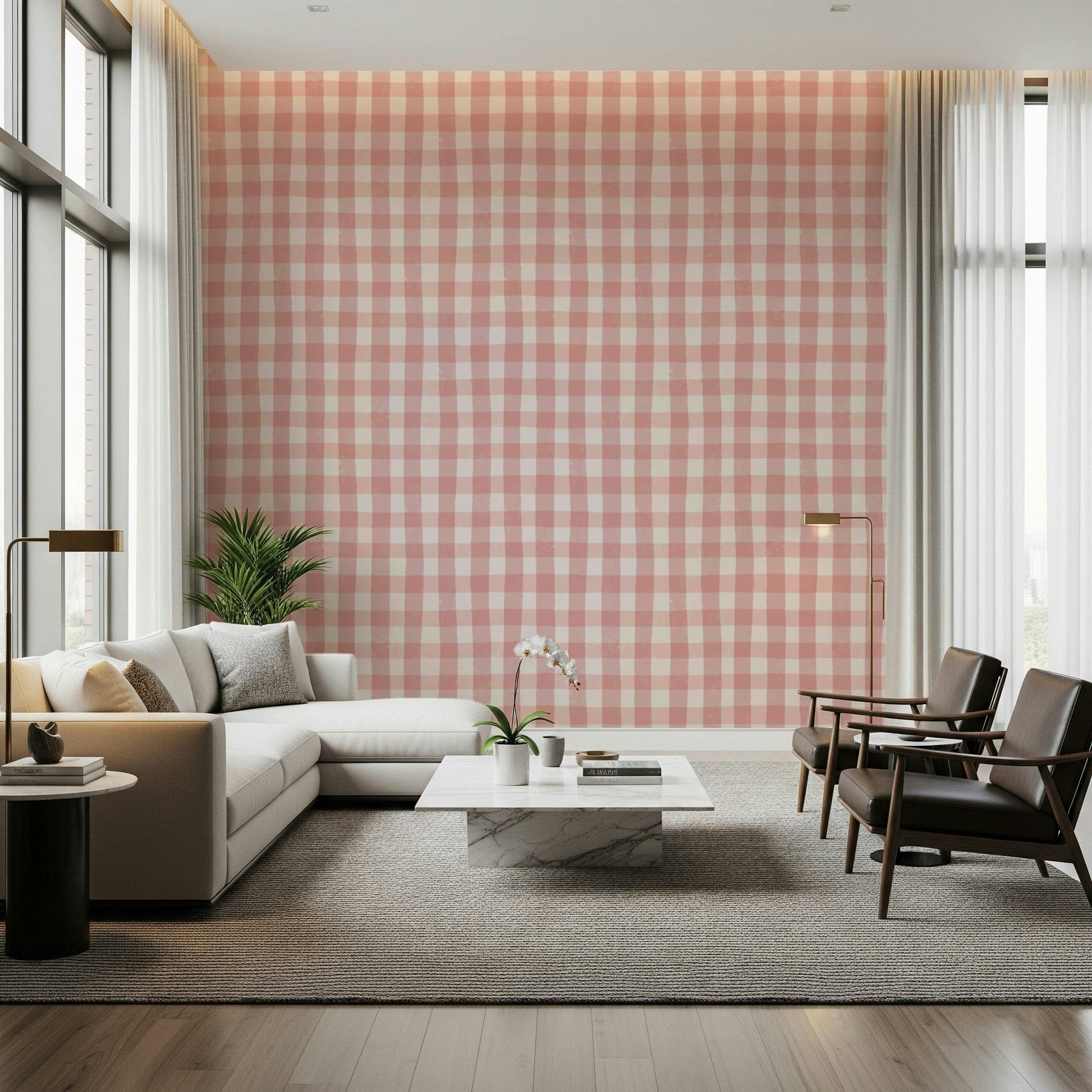 Light pink gingham wallpaper mural with a delicate, vintage-inspired grid design.