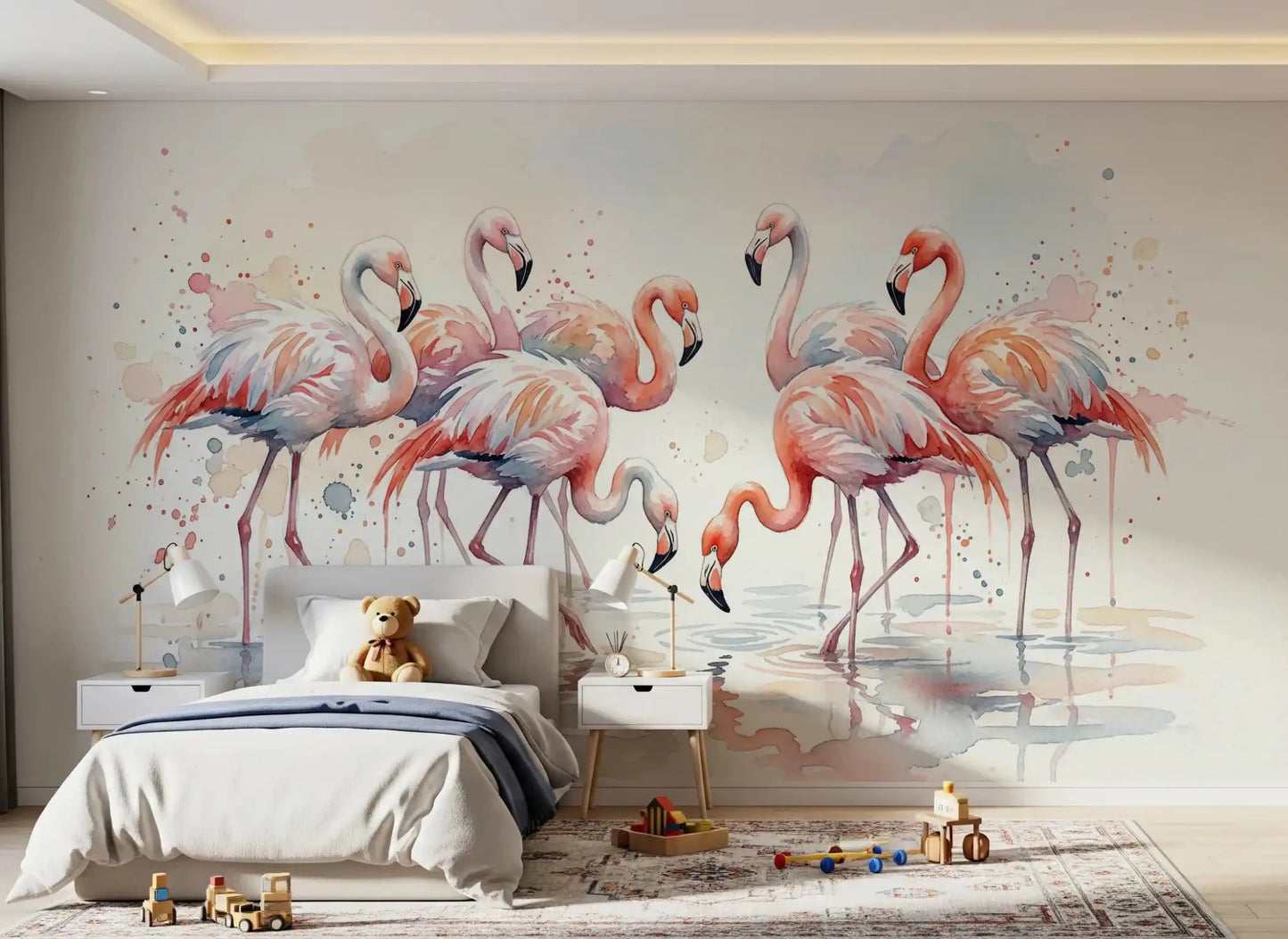 Pink Grace in Watercolors wall mural featuring flamingos standing in shallow water