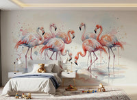 Pink Grace in Watercolors wall mural featuring flamingos standing in shallow water