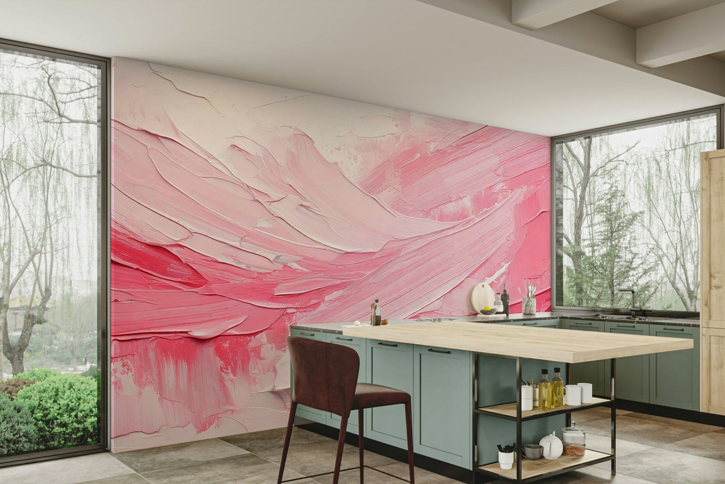 Living room with large-scale pink wall mural

