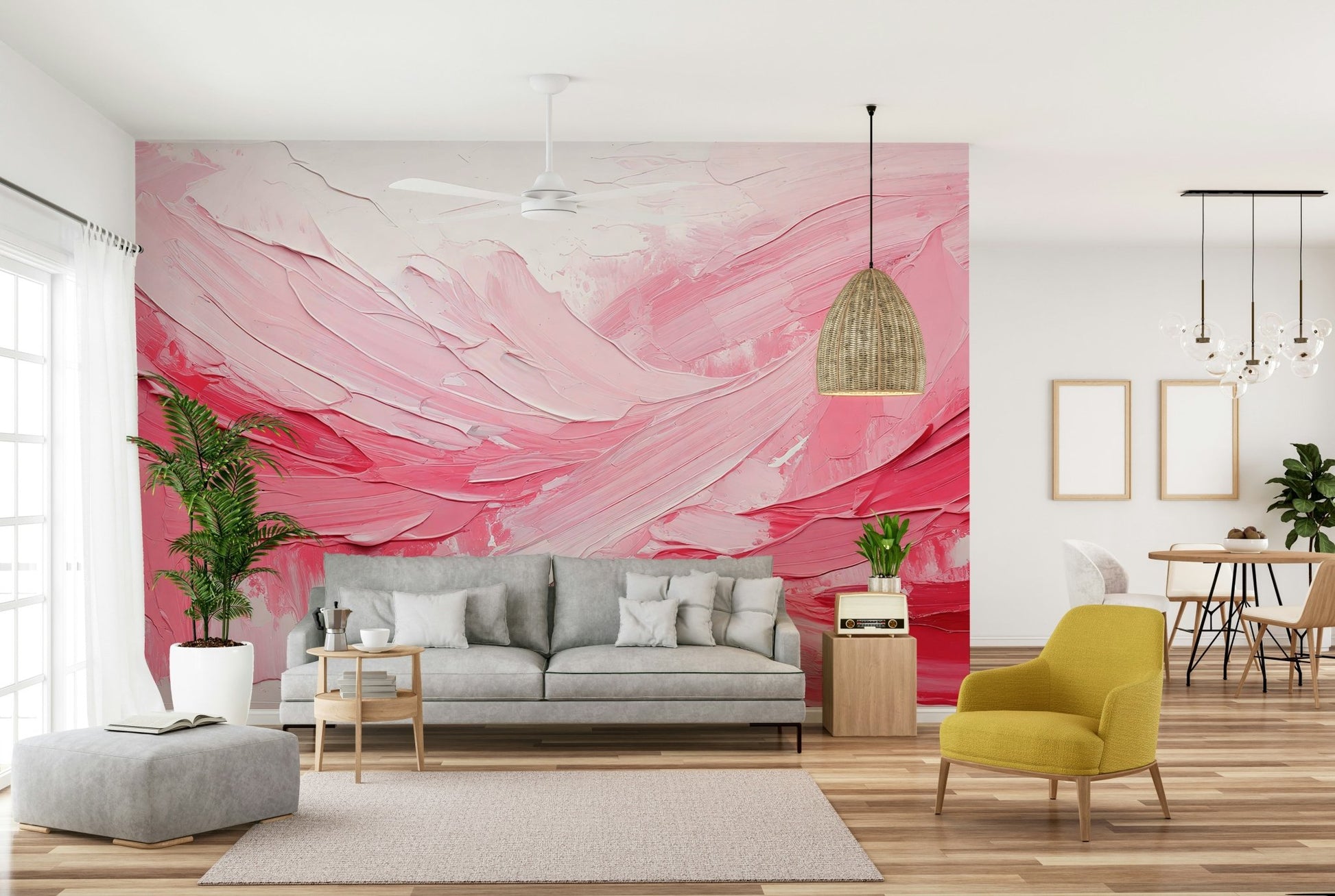 Watercolor-style mural featuring pink impressions

