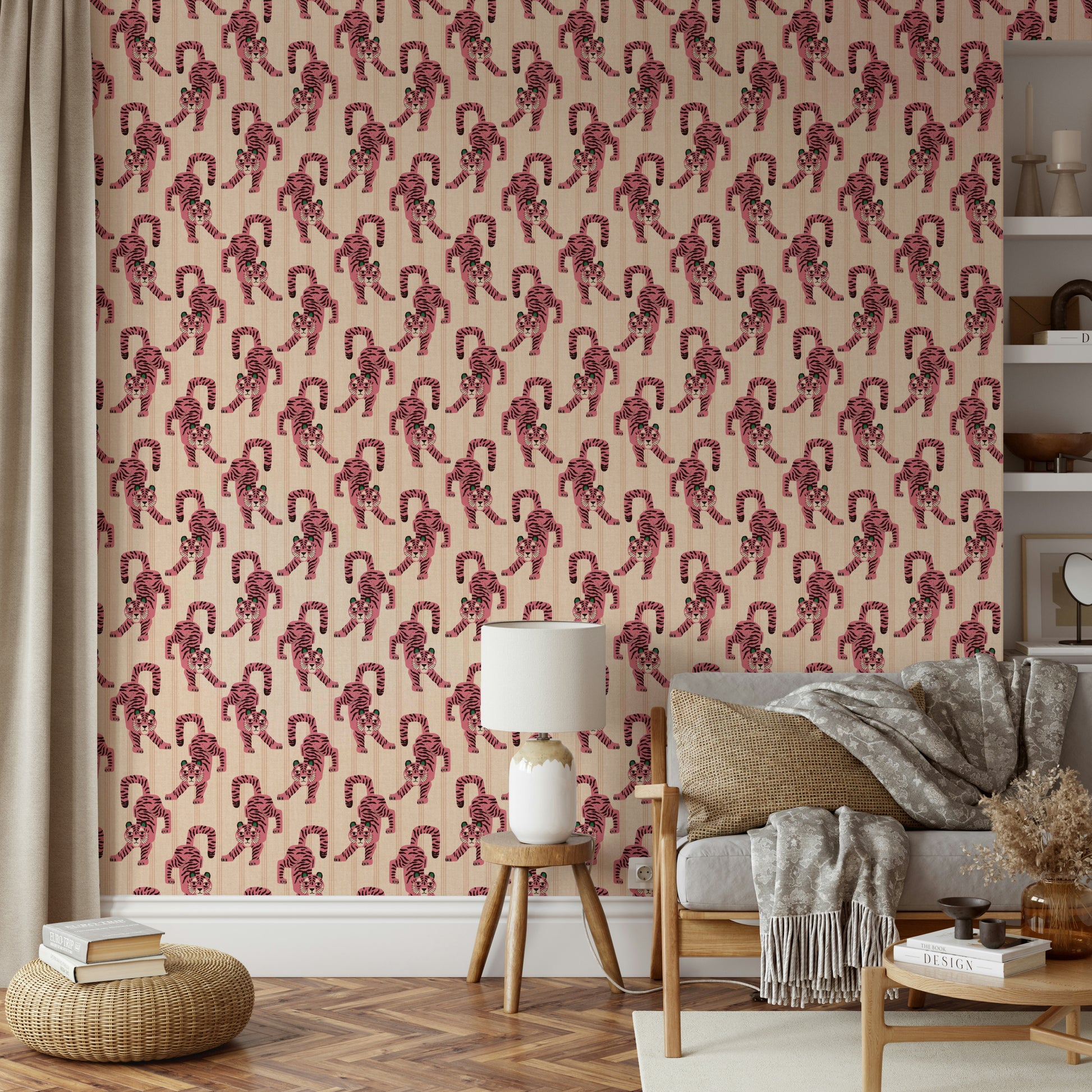 Pink jumping tiger wallpaper with tropical jewel jungle elements


