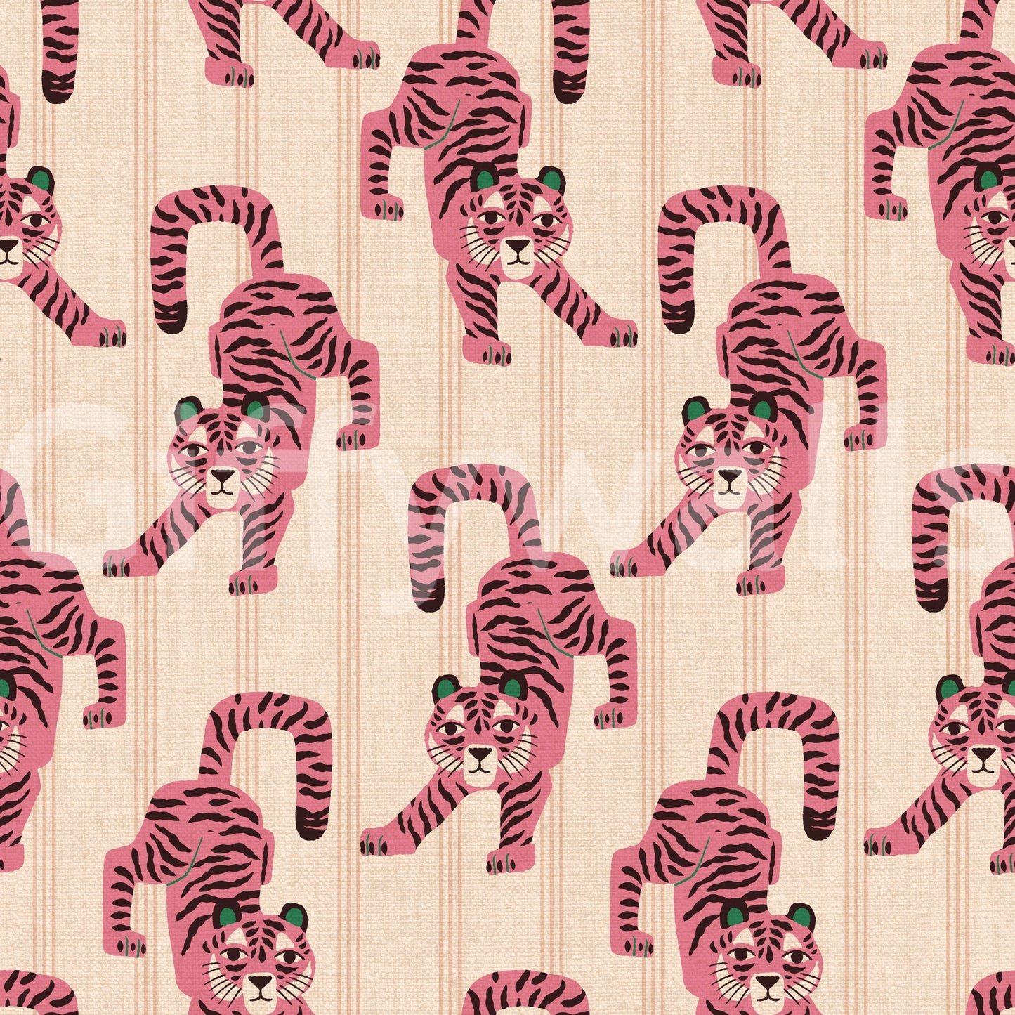 Pink Jumping Tiger Jewel Jungle wallpaper close-up showing pink black-striped tigers with green ears on a cream ground