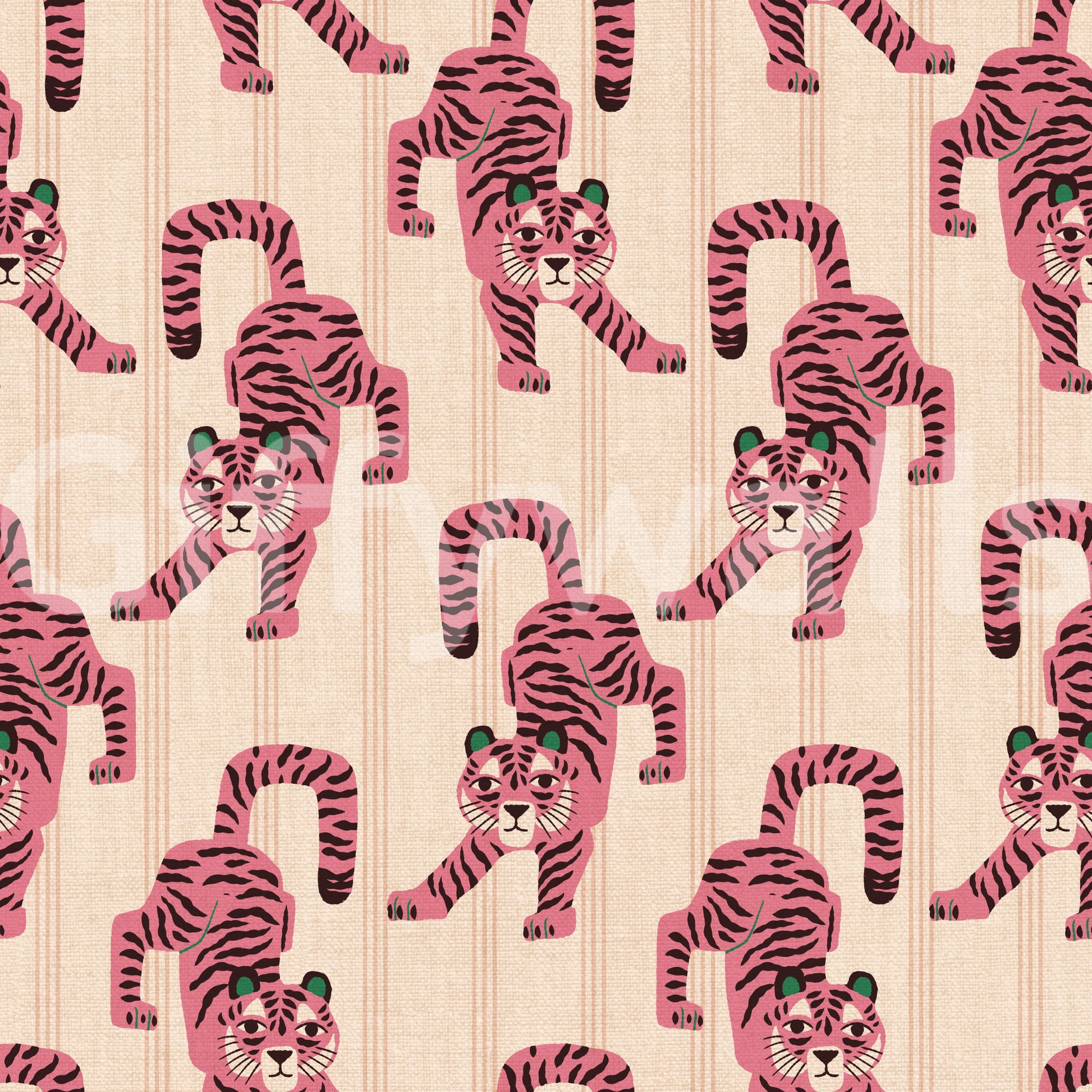 Pink Jumping Tiger Jewel Jungle wallpaper close-up showing pink black-striped tigers with green ears on a cream ground