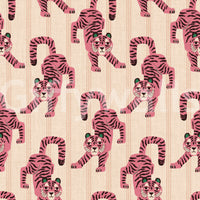 Pink Jumping Tiger Jewel Jungle wallpaper close-up showing pink black-striped tigers with green ears on a cream ground