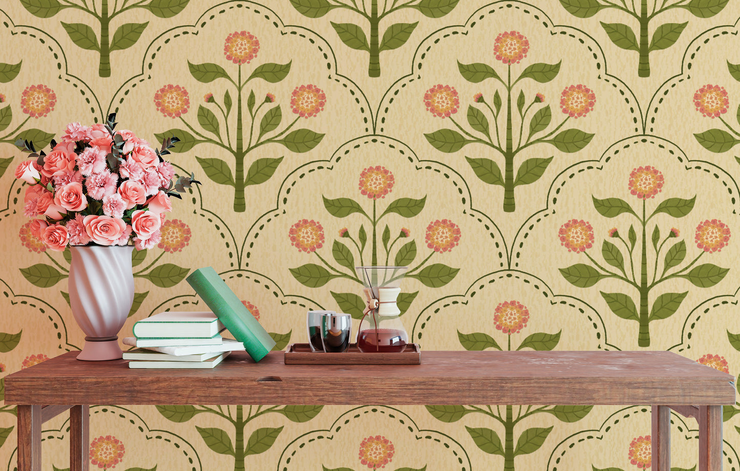 Decorative wallpaper with pink and green florals
