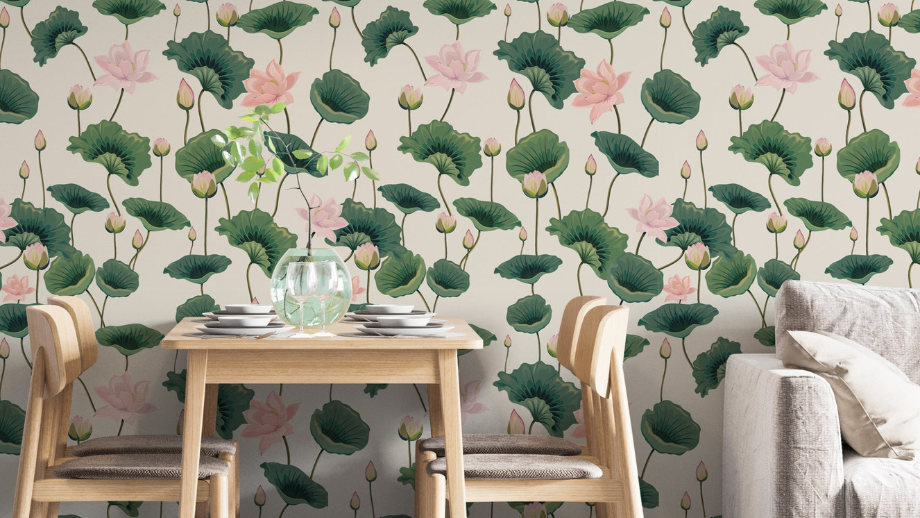 Pink Lotus Wallpaper with lush green plants
