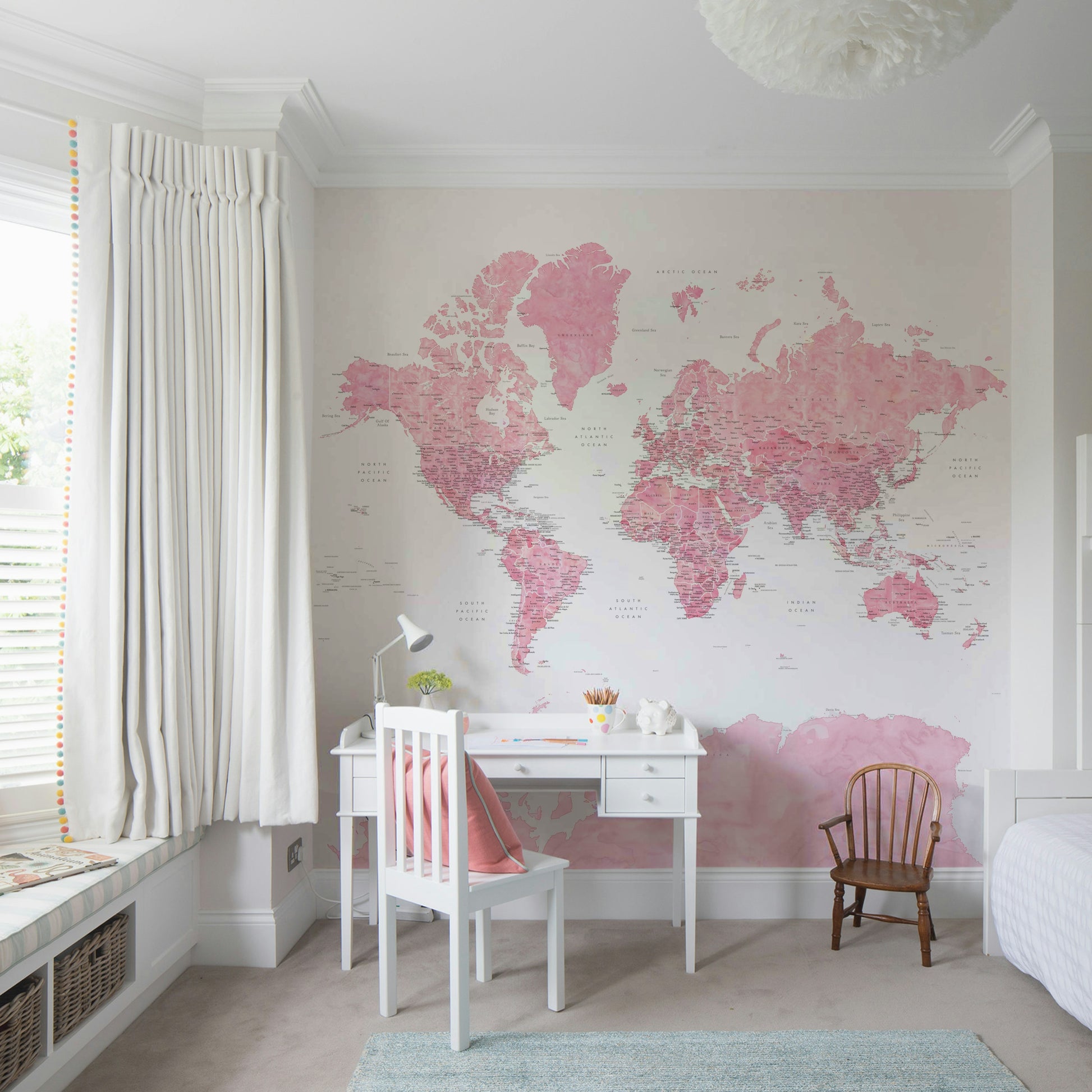 Light pink world map design for modern interiors

