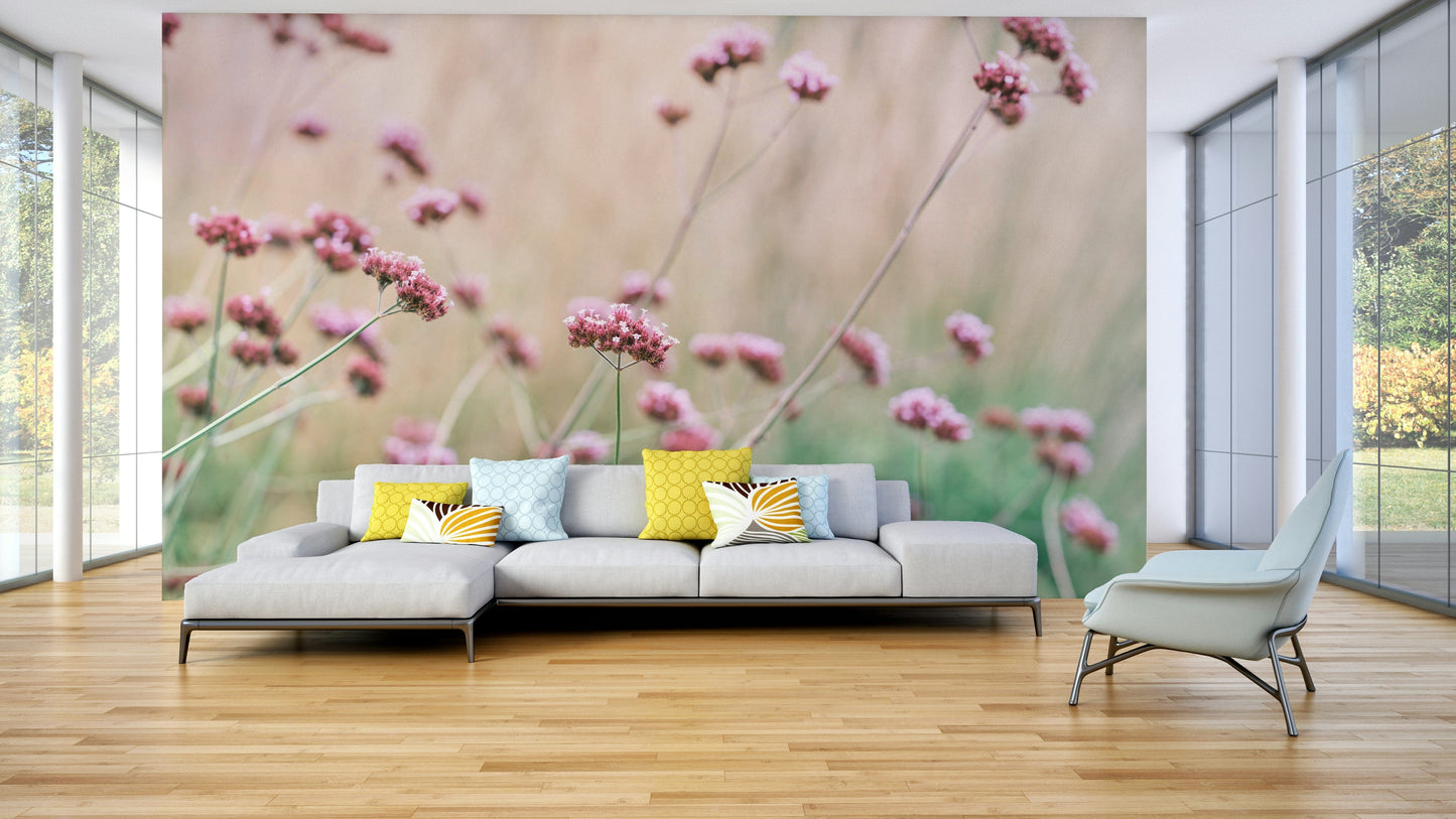 The wall art combines a botanical theme with a soft focus.

