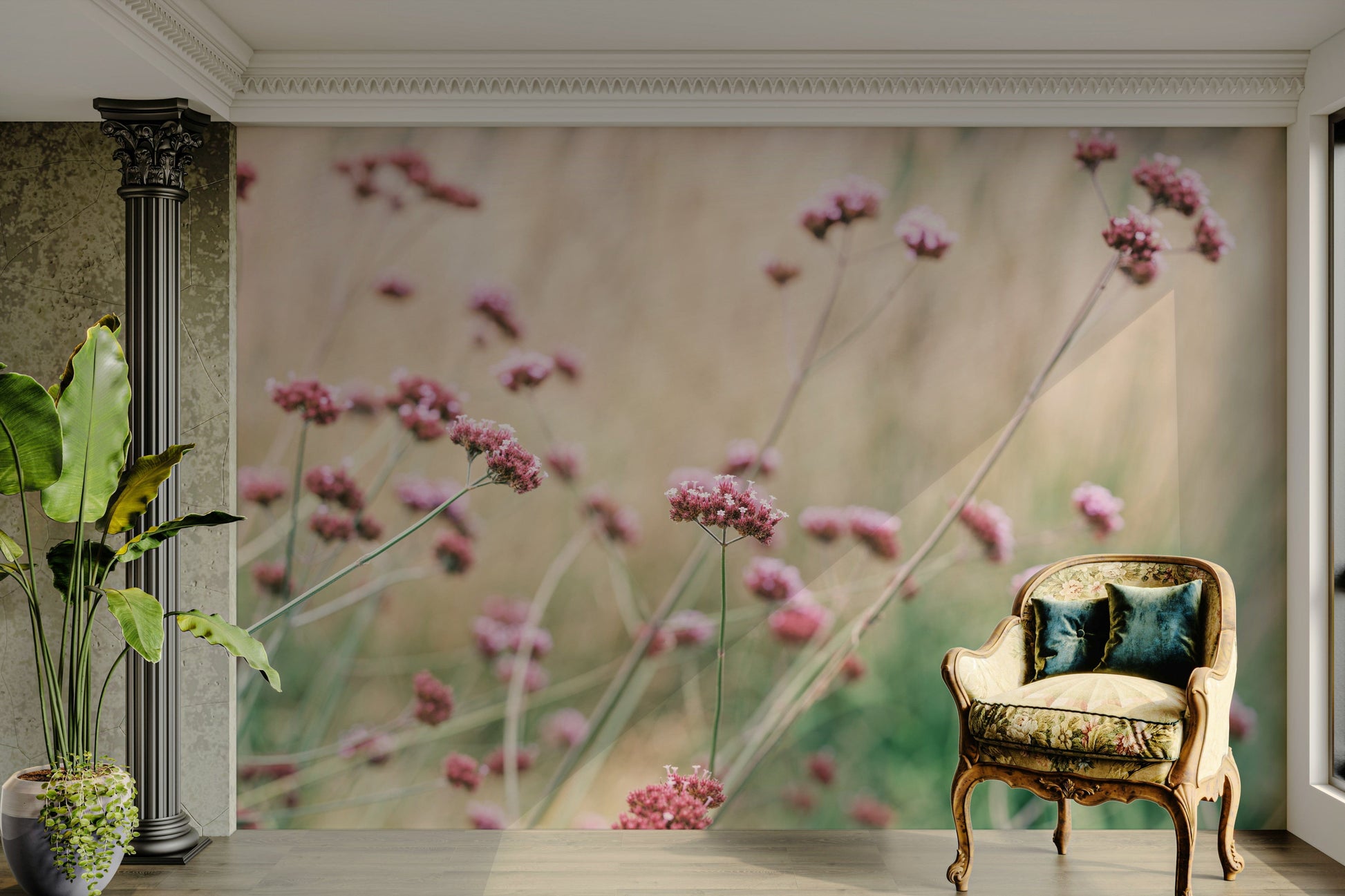 The wallpaper is perfect for a peaceful space.

