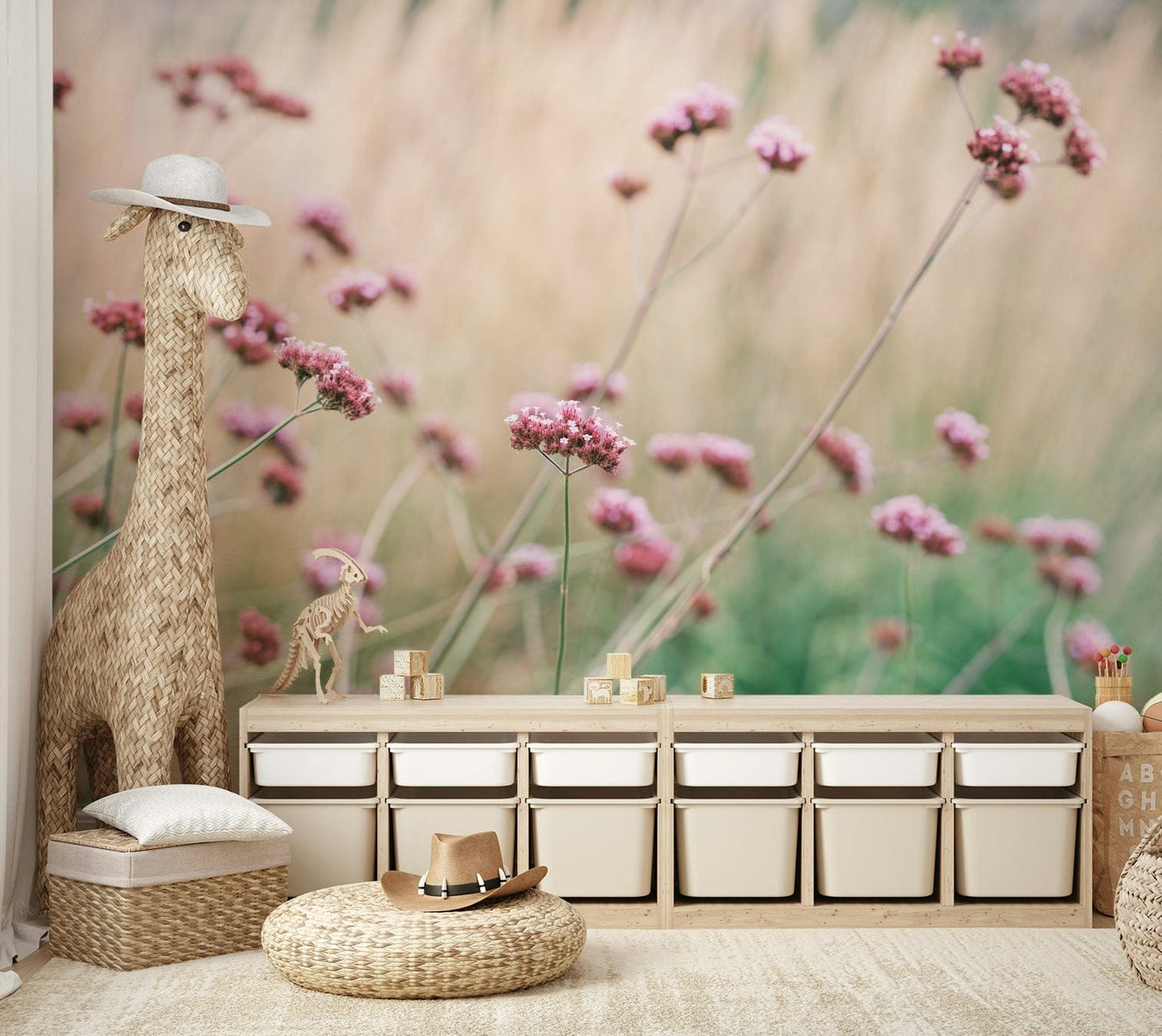 The mural has a soft, dreamy feel.

