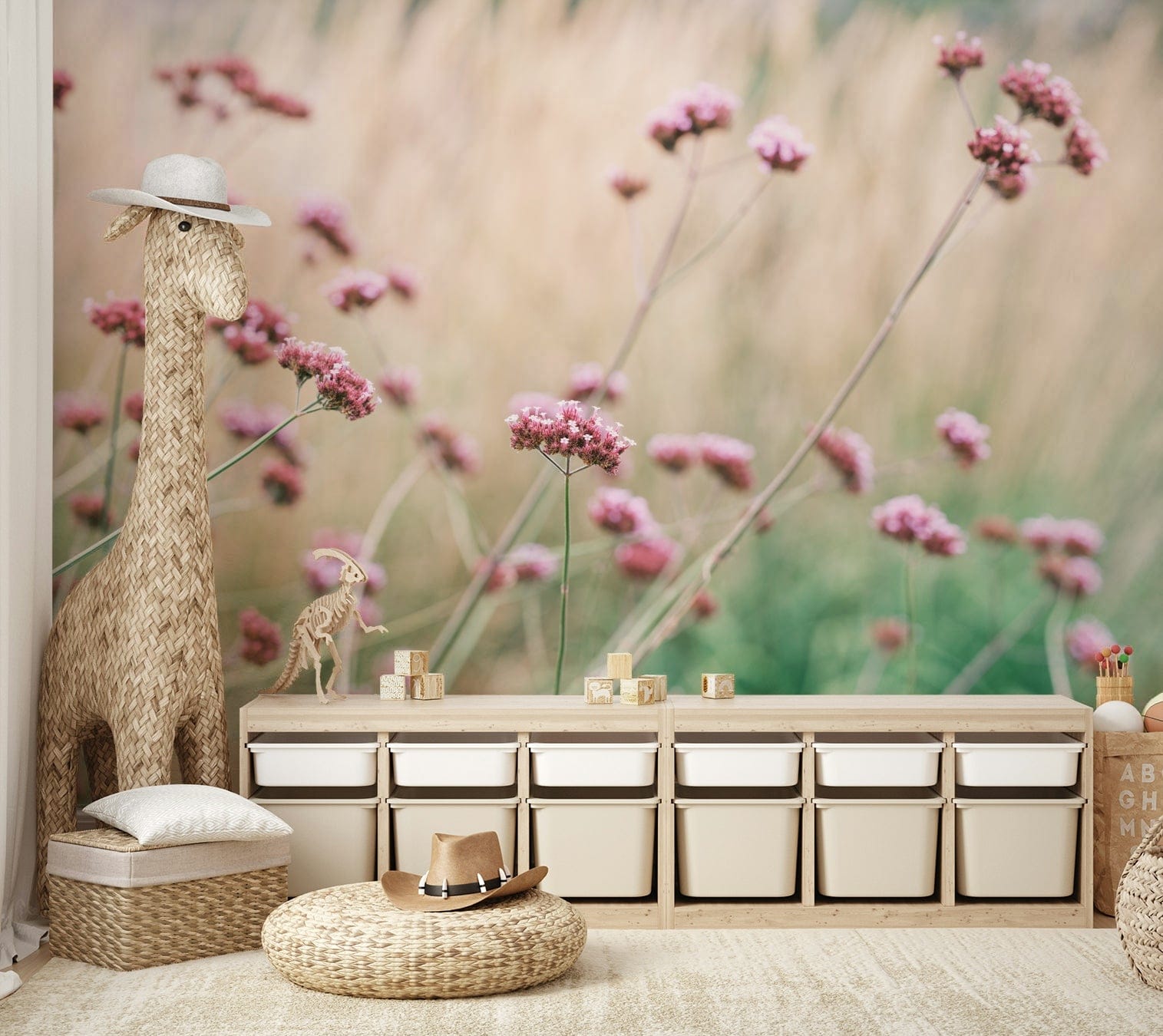 The mural has a soft, dreamy feel.

