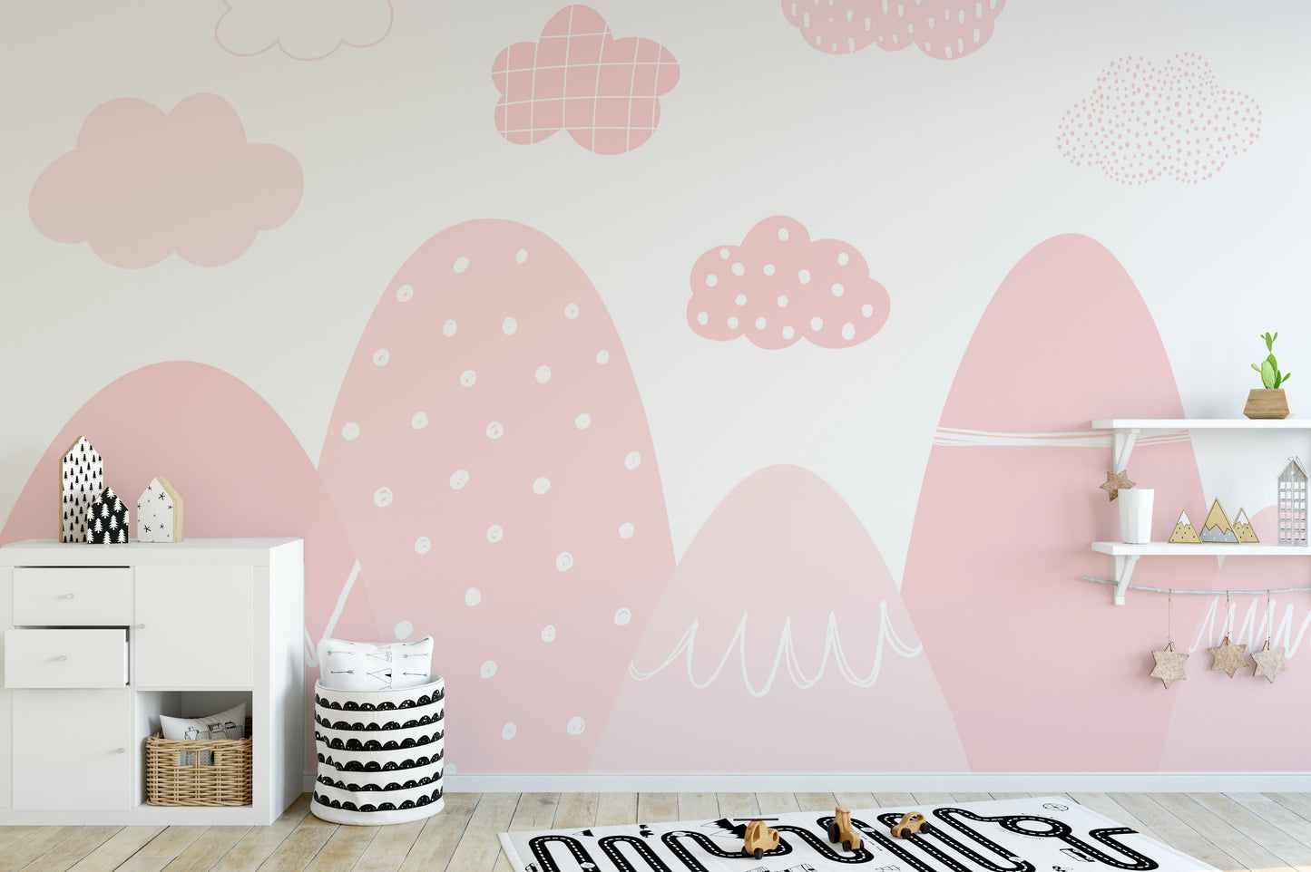 Soft pink mountain wall decor for kids' rooms or nurseries.